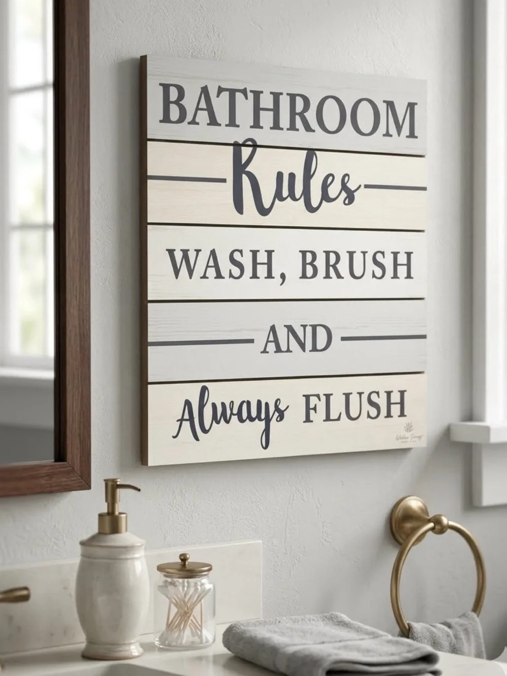 Willow Spring Bathroom Rules Sign Wash Brush Always Flush Cream Blue Grey